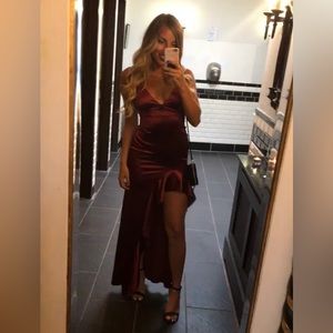 XS burgundy wedding guest dress